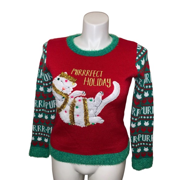It’s Our Time Christmas Graphic Design Cat Embroidery Pattern Sweater, Size XL - Picture 7 of 11